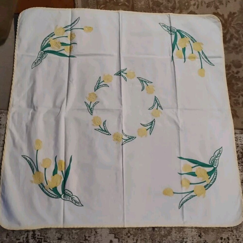 Vintage Germany Yellow Tulips Applique Embroidery Spring Easter Tablecloth